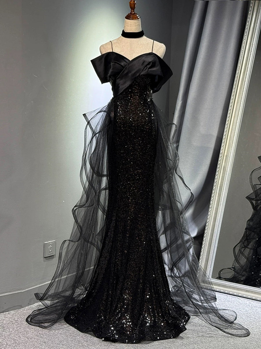 Black Tulle and Sequins Off Shoulder Long Evening Dress, Black Off Sho