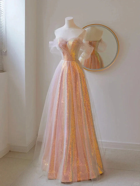 Off Shoulder Sweetheart Long Prom Dress, A-line Sequins and Tulle Long Evening Dress
