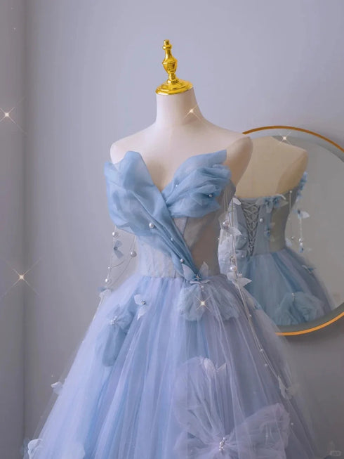 A-line Light Blue Strapless Tulle Long Formal Dress, Light Blue Tulle Evening Gown Prom Dress