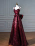 Wine Red Sequins Straps A-line Prom Dress, Wine Red Long Sweetheart Evening Dress