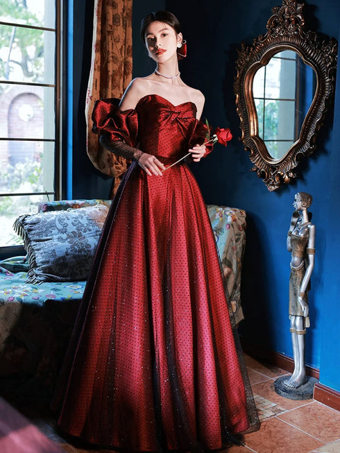 A-line Off Shoulder Sweetheart Black and Red Long Prom Dress, Tulle Floor Length Evening Dress