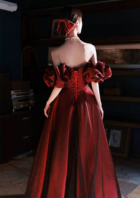 A-line Off Shoulder Sweetheart Black and Red Long Prom Dress, Tulle Floor Length Evening Dress