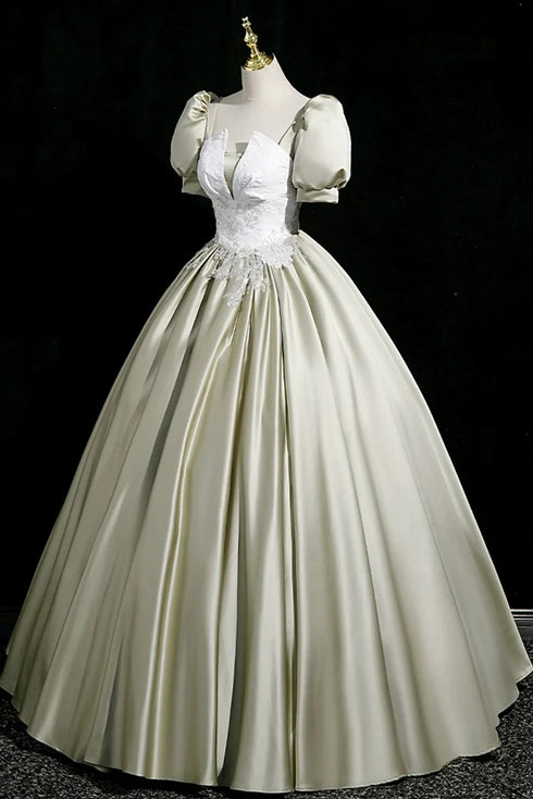 A-line Light Green Satin Short Sleeves Long Formal Dress, Light Green Satin Prom Dress