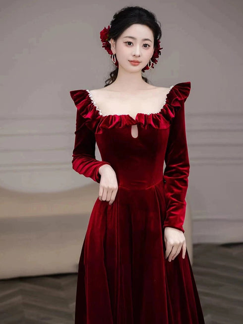 Wine Red Velvet Long Sleeves Long Prom Dress, Wine Red Velvet Wedding Party Dress