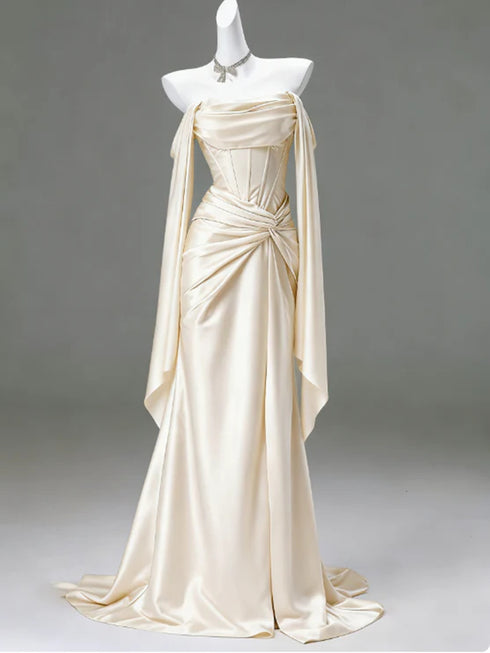 Light Champagne Long Prom Dress, Satin Light Champagne Evening Dress Formal Dress