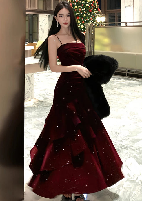Wine Red Velvet Straps Long Prom Dress, Wine Red Floor Length Party Dress Formal Dress