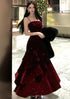 Wine Red Velvet Straps Long Prom Dress, Wine Red Floor Length Party Dress Formal Dress