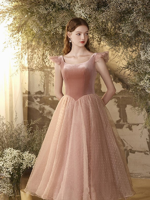Pink Retro Tea Length Velvet Prom Dress Party Dress, Pink Princess Formal Dress
