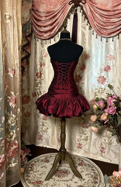 Wine Red Ruched Strapless Short Party Dress with Beaded Florals, Wine Red Mini Dress