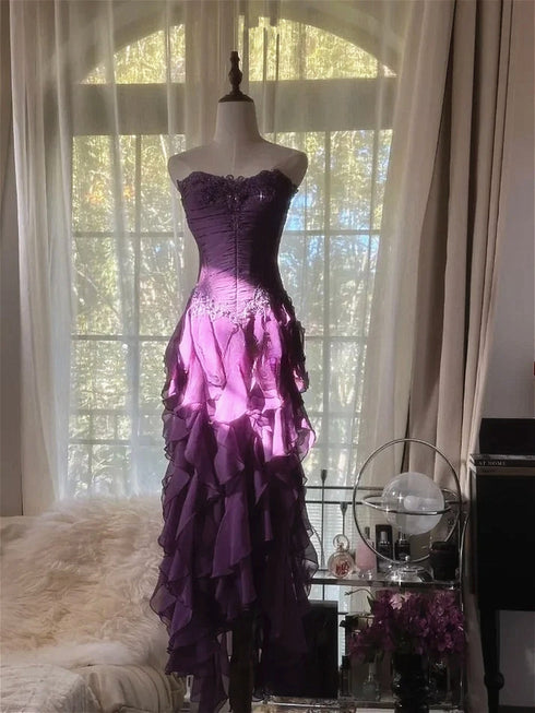 Dark Purple Ruffle Strapless Prom Gown , Gothic Dark Purple Formal Dress with Lace