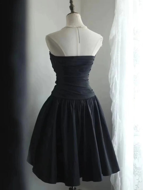 Black Satin Sweetheart Strapless Beaded Homecoming Dress, Black Short Party Dress Formal Dress