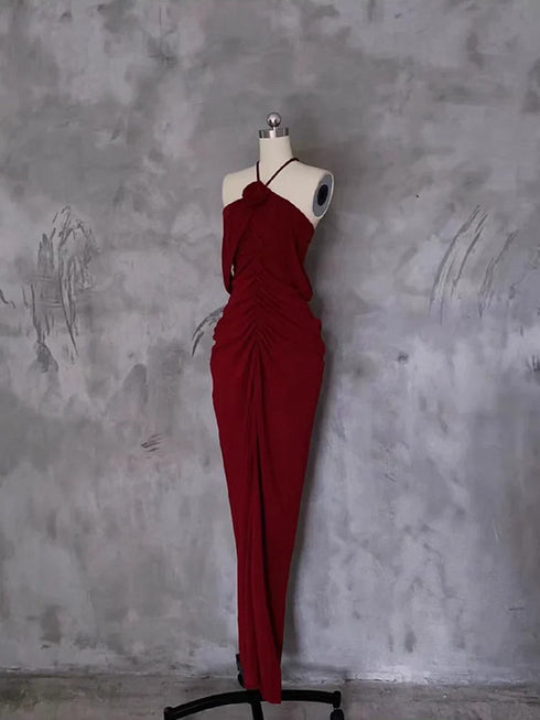 Wine Red Halter Off Shoulder Party Dress, Wine Red Floor Length Long Prom Dress