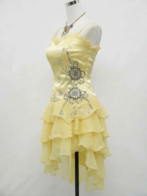Light Yellow Organza Beaded Layers Straps Homecoming Dress, Yellow Short Formal Dress