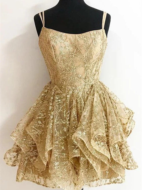 Gold Spaghetti Straps Lace Appliques Short Party Dress, A-Line Homecoming Dresses With Ruffles
