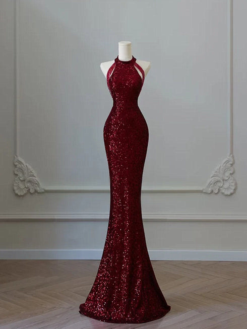 Wine Red Sequins Mermaid Round Neckline Party Dress, Wine Red Sequins Prom Dress