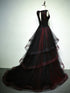 A-line Black and Red Gothic Prom Dress, V-neckline Beaded Lace Long Party Dress