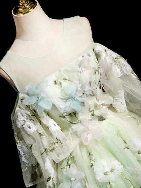 Mint Green Fairytale Prom Gown, Mint Green Tulle Prom Dress with 3D Flowers