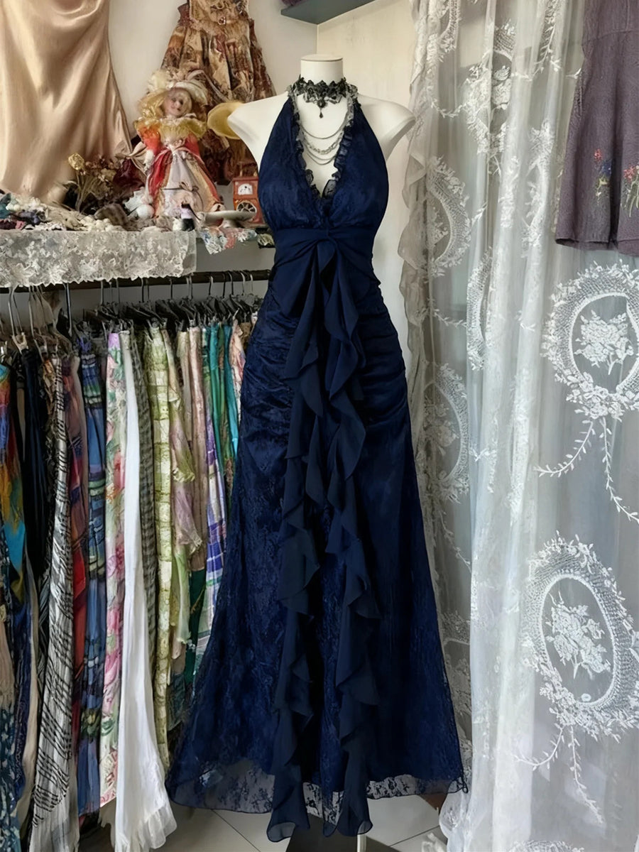 Charming Lace Halter Vintage Style Prom Dress, Lace Long Formal Gown Party Dress US 18W / Navy