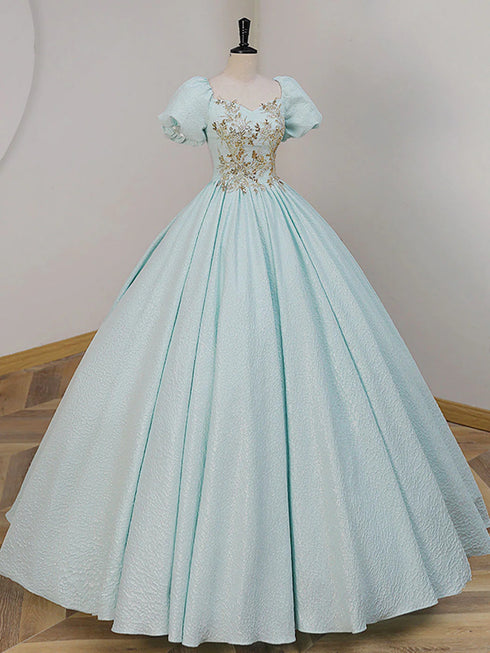 Light Blue Short Sleeves Long Prom Dress with Lace, Light Blue Sweetheart Party Dress
