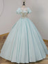 Light Blue Short Sleeves Long Prom Dress with Lace, Light Blue Sweetheart Party Dress