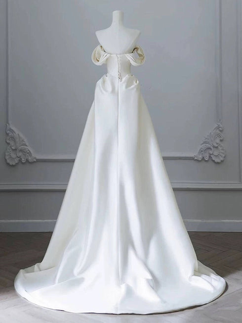 Ivory Satin Sweetheart Long Party Dress with Beadings, Ivory Wedding Party Dress