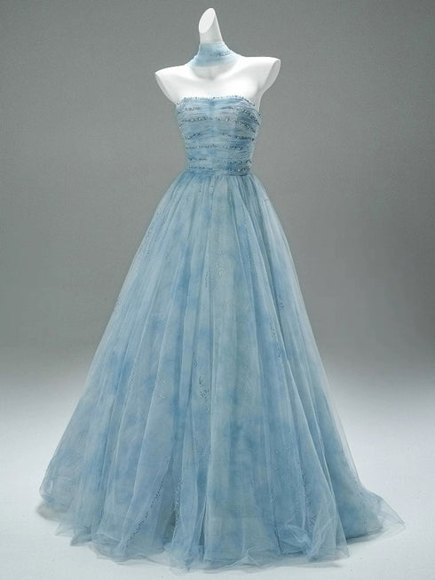 A-line Light Blue Floral Fairytale Tulle Prom Dress, Beaded Scoop Long Party Dress