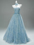 A-line Light Blue Floral Fairytale Tulle Prom Dress, Beaded Scoop Long Party Dress