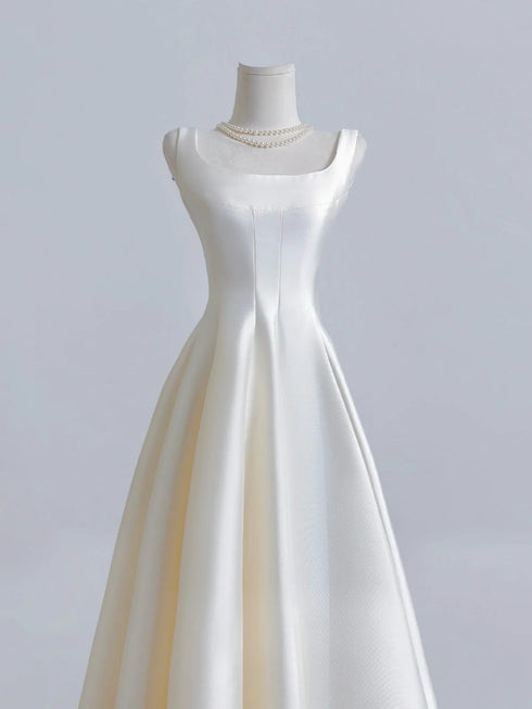 Ivory Satin Tea Length Simple Style Wedding Party Dress, Ivory Satin Prom Dress