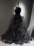Black Halter Sequins and Tulle Beaded Prom Dress, Black Chic Long Party Dress Evening Dress