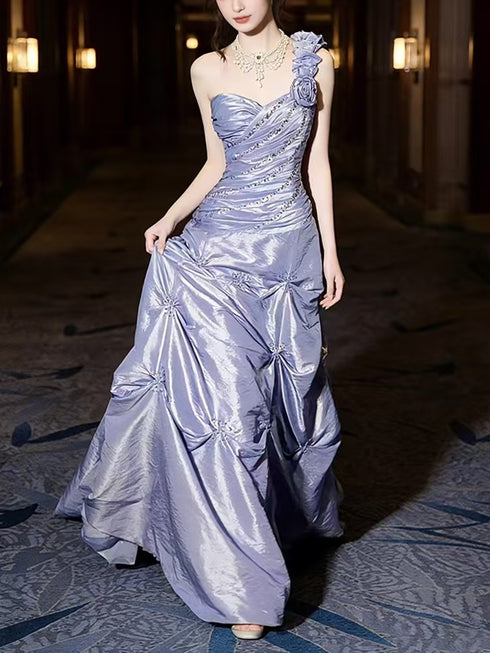 Elegant Light Purple One-Shoulder Prom Dress, Ruched Mermaid Beaded Party Dress Evening Dress