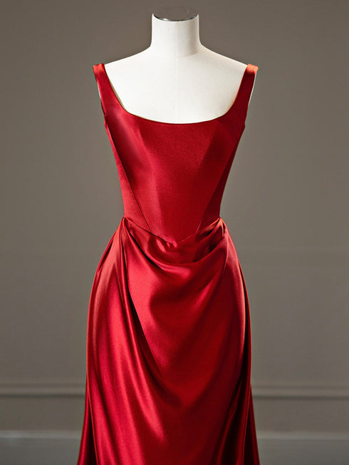 Red Satin Square Neck Backless Formal Dress Prom Dress, Red Floor-Length Evening Dress