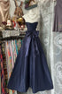Elegant Navy Blue Strapless A-Line Prom Dress, Navy Blue Ruched Long Formal Dress