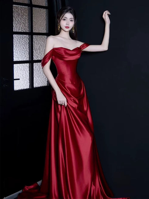 Wine Red A-line Ruch Satin Prom Dress Party Dress, Off Shoulder Wine Red Evening Dress