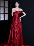 Wine Red A-line Ruch Satin Prom Dress Party Dress, Off Shoulder Wine Red Evening Dress
