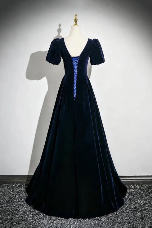 A-line Navy Blue Velvet Long Prom Dress, Navy Blue Sweetheart Party Dress Evening Dress