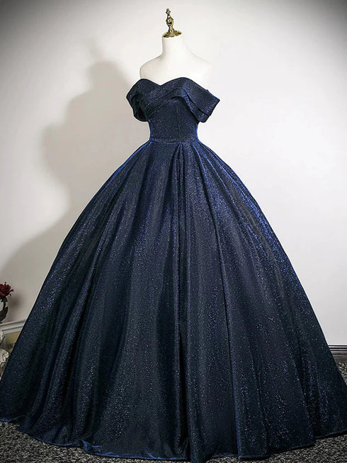 Navy Blue Sparkly Off-the-Shoulder Ball Gown Dress, Sweetheart Long Prom Dress