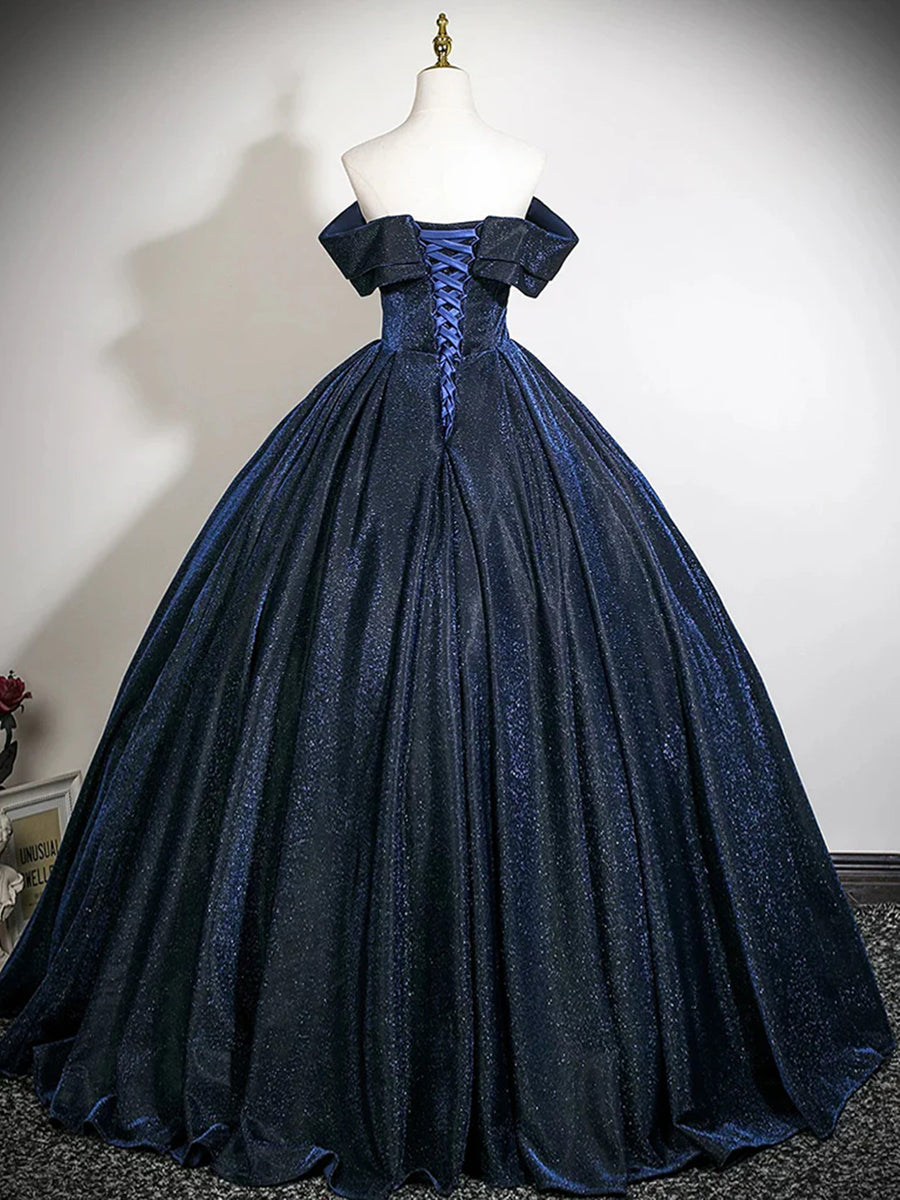 Navy Blue Sparkly Off-the-Shoulder Ball Gown Dress, Sweetheart Long Pr