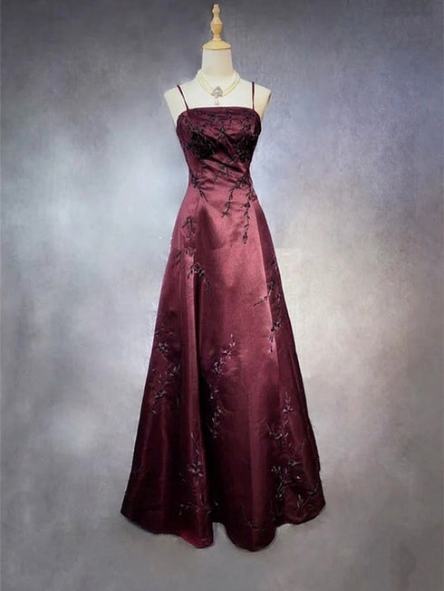 Elegant Wine Red Satin A-Line Evening Gown Embroidery, Wine Red Straps Prom Dress