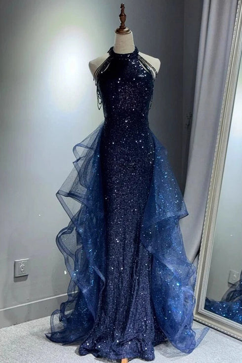 Sparkly Sequins Blue Off Shoulder Prom Dress with Ruffled Tulle, A-line Long Blue Party Dress