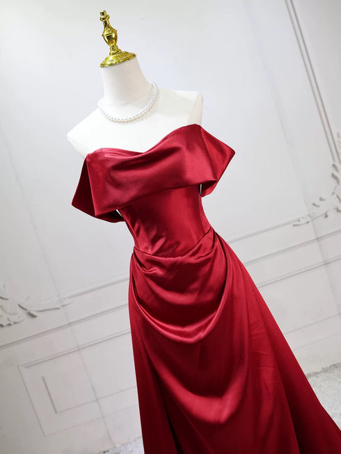 Red Off Shoulder Satin Long Prom Dress Party Dress, Red A-line Sweetheart Evening Dress