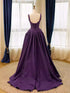Purple Satin Beaded A-line Straps Sweetheart Prom Dress, Purple Satin Low Back Formal Dress