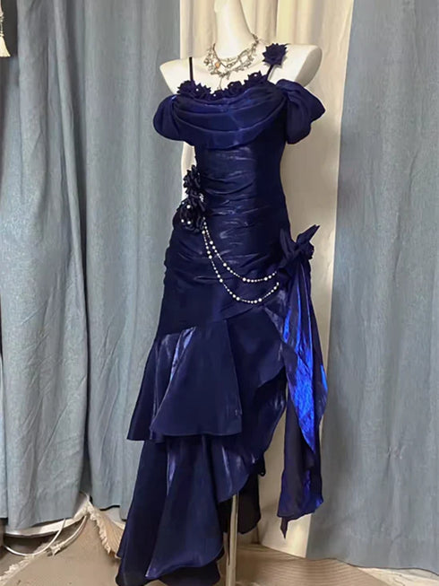 Gothic Navy Blue Pearls High Low Prom Dress, Vintage Style Ruffle Formal Dress