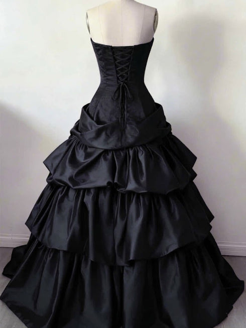 Black Satin Layers Sweetheart Straps Prom Dress, Black Gothic Long Formal Dress