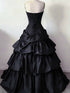 Black Satin Layers Sweetheart Straps Prom Dress, Black Gothic Long Formal Dress