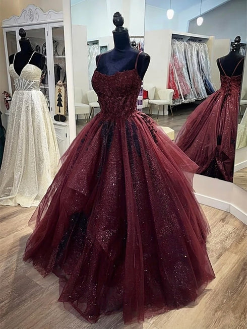 Wine Red Tulle Straps Long Formal Dress with Lace Applique, Wine Red Evening Gown Formal Dress
