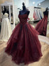 Wine Red Tulle Straps Long Formal Dress with Lace Applique, Wine Red Evening Gown Formal Dress