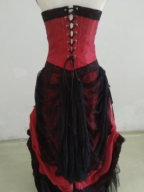 Strapless Red Corset Prom Dress with Black Lace, Gothic Long Formal Dress Evening Dress