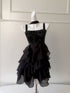 Black Sequins and Organza Tiered Ruffle Short Party Dress, Black Straps Knee Length Homecoming Dress