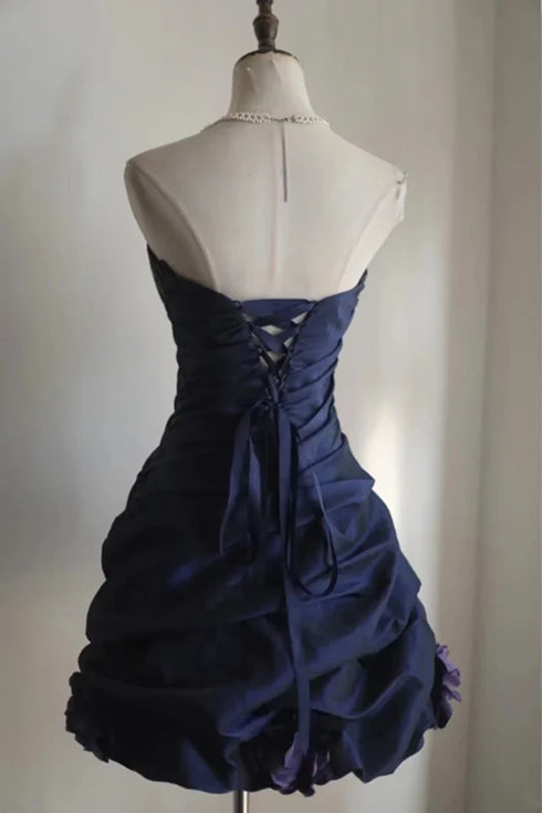 Cute Navy Blue Taffeta Strapless Homecoming Dress, Navy Blue Short Prom Dress Formal Dress