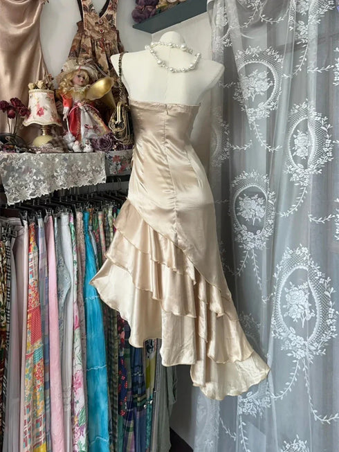 Elegant Sleeveless Ruched Graduation Dress, Champagne Satin Tiered High-Low Party Dress